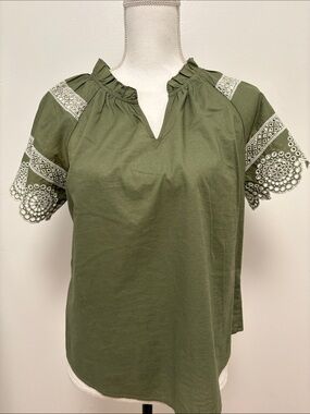 Talbots Olive Green Embroidered Short-Sleeve Top